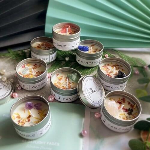 1 Pc Scented Candles Long Lasting Can Soy Candles Crystal Stone Dried Flower Inplate Can Fragrance Candle Smokeless