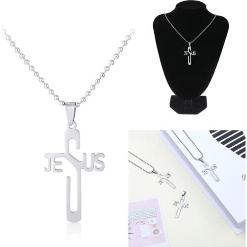 Fashion Jesus Letter Pendant Jewelry Unisex Stainless Steel Long Beads Chain Necklace Jewelry Men Women Christian Symbol Gift
