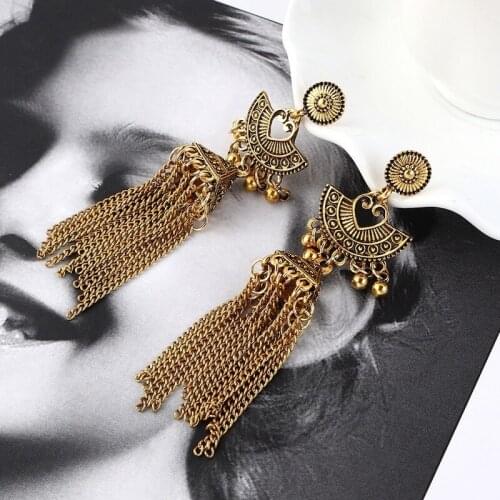 Retro Exaggerated Chain Tassel Earrings Female Hollow Peach Heart Fan Earrings