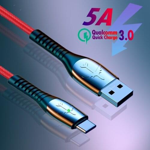 5A USB Type C Cable QC3.0 LED Fast Charging Data Cord For Xiaomi11 Pro Redmi9 Samsung Mobile Phone USB C Zinc Alloy Charge Cable