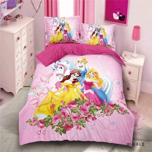 Rose Flower Disney Princess Cartoon Bedding Set Girls Cute Character Printed Duvet Cover Set Bed Sheet Pillowcase Twin Full Size