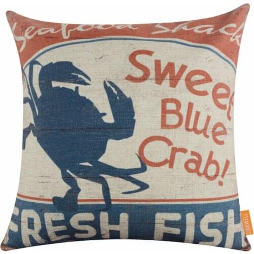 LINKWELL 18"x18" American Style Coastal Ocean Fresh Seafood Blue Crab Marine Sea Burlap Pillow Case Cushion Cover Pillowcase