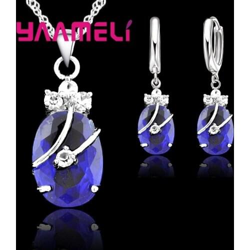 New Fashion Vintage Jewelry Sets For Women 925 Sterling Silver Crystal Stone Pendant Charms Wedding Necklace Hoop Earrings