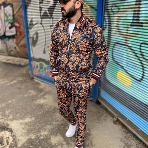 2021 Fashion Brand Mens Blazer Autumn Thin Zipper Coat +Sweatpants 3D-Printed 2 Pieces Sets Flower Jacket Suits Clothing