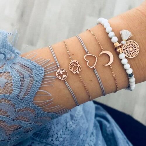 5 Piece Set Bohemia Boho Women Girl Lady Female Gold Color Chain Earth Charm Bracelet, Lotus Charm Bracelet, Heart Moon Bracelet