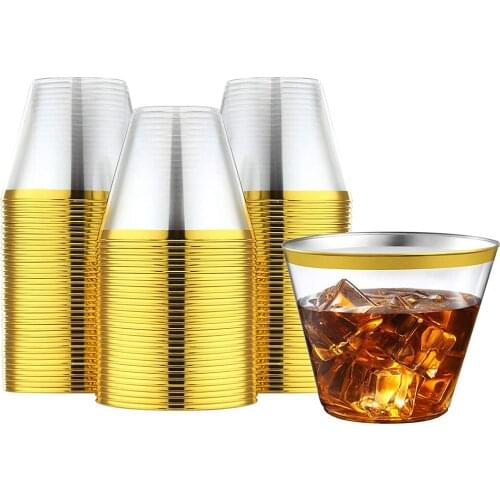 Disposable Transparent Plastic Party cup With 20 Pieces of Gold rim to Prevent Damage Suitable for Wedding Holiday Parties