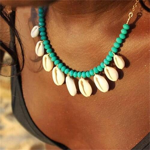 Pendant Necklace Turquoise Gold Colored Chain Shell Necklace Bead Shell Jewelry Crystal Women Metal Ethnic Strand as Picture