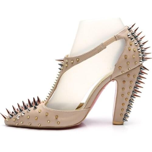 Sexy Spike Rivets Studded T-Strap Pumps Pointed Toe Celebrity Female Chunky Rivets Heels Summer Pointed Toe High Heels Shoes