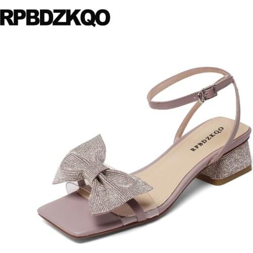 Open Toe Heels Bling Jewel Pvc Kawaii Chunky Rhinestone Sandals Bow Shoes Women Clear Ankle Strap Crystal Transparent Purple