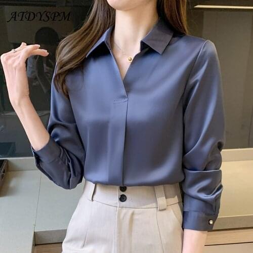 Elegant Satin Shirts Women Vintage Simple Blouse Long Sleeve Office Lady Clothing Shirt Female Casual Blouse Tops