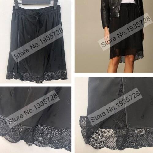 Ladies Elastic Waist Silk Jacquard Short Mini Skirt With Lace Patchwork Detail & Waist With Ties