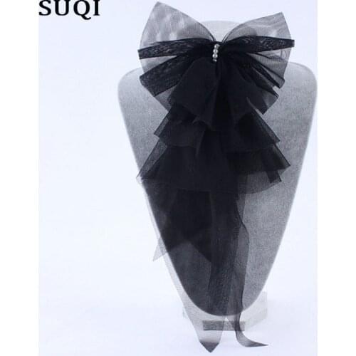 Fashion brooch pins for Womens Handmade Vintage pearl mesh fabric Brooches Jewelry black Big bow Brooch Pins hair Decoration