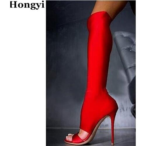 Hongyi Botas Mujer Wholesale Price Red Grey Elastic Fabric Knee High Sandals Boots Peep Toe Gladiator Sandals Boots For Women