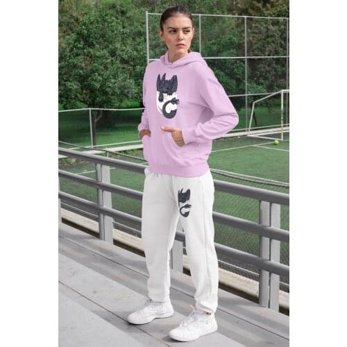 Angemiel Wear Baby Dragon Women Tracksuit Set Pink Hooded Sweatshirt White Sweatpants
