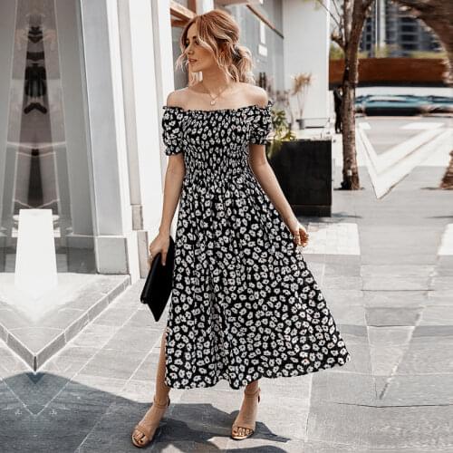 Summer Fashion and Fresh Womens Off The Shoulder Dress 2021 New Elegant Slash Neck Lady High Waist Floral Print Mid-calf Dress