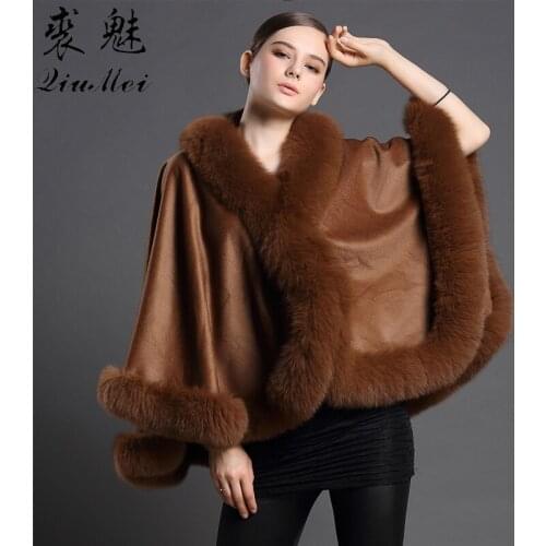 Women Fashion Wool Poncho Coats New Autumn Winter Casual Real Fox Fur Shawl Elegant Cardigan Female Wool Cashmere Fur Coats