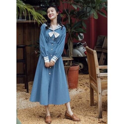 SWEETXUE 2021 Women Vintage Elegant Long Sleeve Fall Japanese Navy Collar Temperament Dress Fairy Chic Party Dress Female Korean
