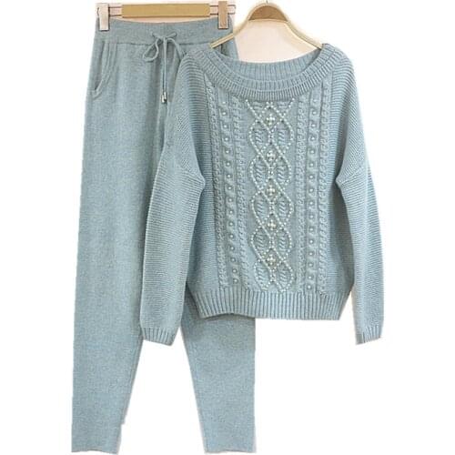 Winter Diamond beading Woolen and Cashmere Knitted Suit Slash neck Sweater + Mink Cashmere Trousers Leisure Two-piece wj1226