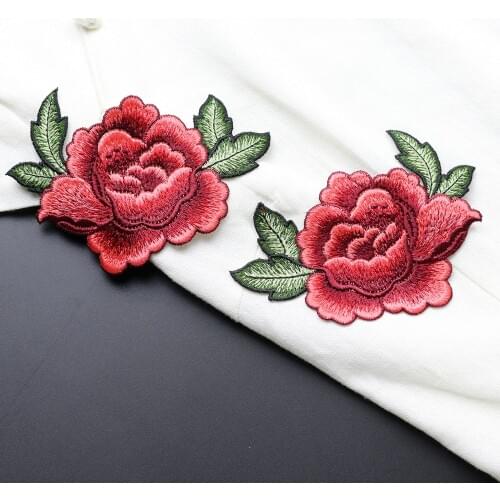 Right Side and Left Side Red Color Embroidery Peony Patch For DIY Clothing Accessories Flower Patches Clothing Sewing Accessory