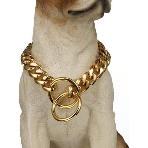 Large Gold Dog Collar, 15/19mm Heavy Stainless Steel Fierce Dog Training Choke Cuban Link Miami Chain Pet Training Necklace