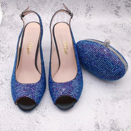 BS1353 Custom Made Dress Sandal Women Shoes Bridal Wedding Blue Crystal Shoes With Matching Bag Set