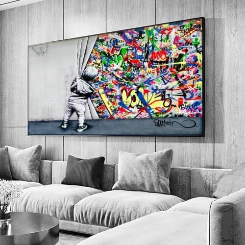 Wall Art Kids Behind The Curtain Graffiti Art Painting On Canvas Poster Prints Street Wall Picture For Living Room Cuadros Decor