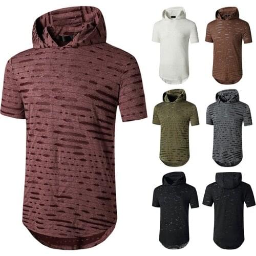 Mens Casual Short Sleeve T-shirts Hip Hop Fashion Ripped Long Hooded Round Neck T-shirt Harajuku Men Clothing