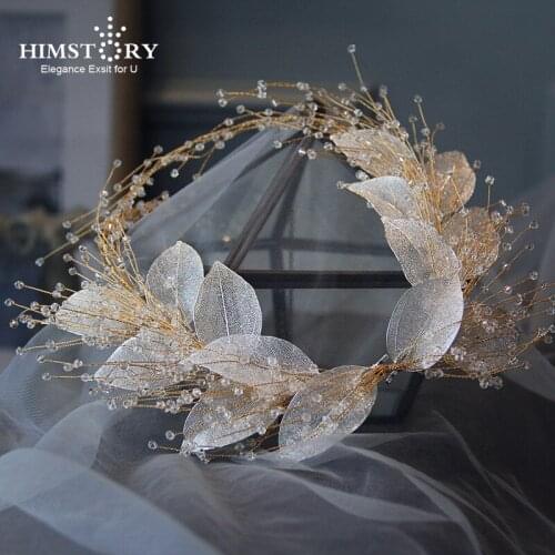 HIMSTORY Handmade Exquisite Korean Bride Headdress Golden Leaf Crystal Wedding Dress Hairband Hair Accessories