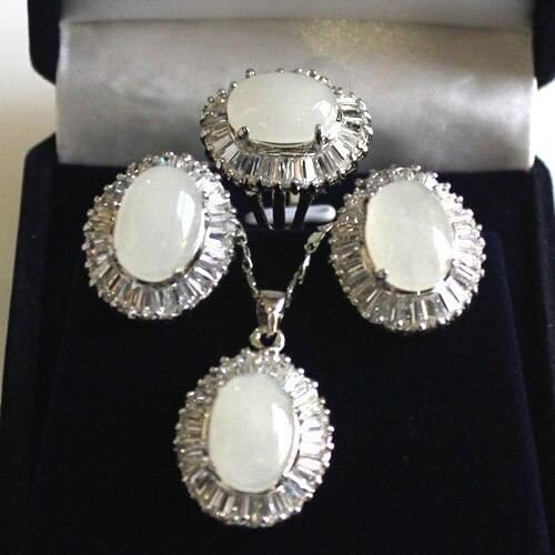 Natural white jades Silver Plated Necklace pendant earrings ring Sets Jewelry