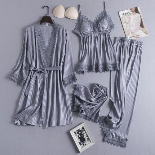 4PCS Womens Home Wear Pyjamas Sleep Suit Sexy Satin Lace Pajamas Sets Nighty Sleepwear Casual Spring With Chest Pads Nightgown