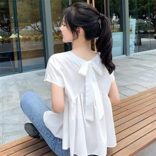 Fashion Girl Women Shirt Cotton Linen Solid Tie Bow Blusas Short Sleeve O-Neck Shirt Sweet Girl Tops Large Size M-6XL 7XL 8XL