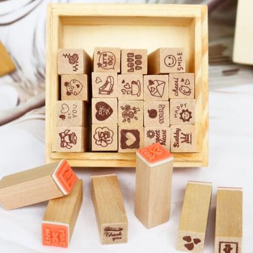 25pcs/box Natural Wood Rubber Stamps DIY Scrapbooking Decor Cute Flower Heart Pattern Diary Stamp Wood Box Set