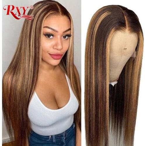 RXY Cheap 180 Density 4/27 Highlight Wig Human Hair Straight Lace Front Wig 9A T Part Transparent Lace Wigs For Women Human Hair