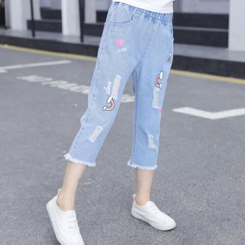 2021 New Cropped Pants For Girls Summer Clothing Kids Trousers Casual Printed Ripped Jeans Teenage Girls Children Denim Pants