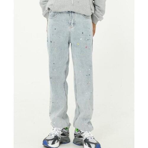 New style straight jeans mens male fashion paint dot splash ink design slim print pants trousers