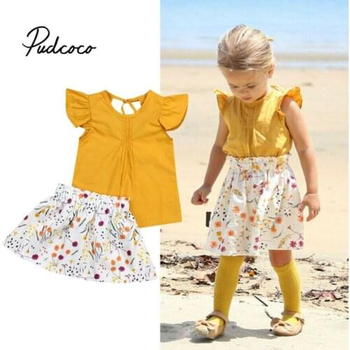 Pudcoco Girls Sets New Spring Summer Children Sleeveless T-shirt+Floral Skirts 2PCS Kids Suit Fashion 1-5T Children Clothes