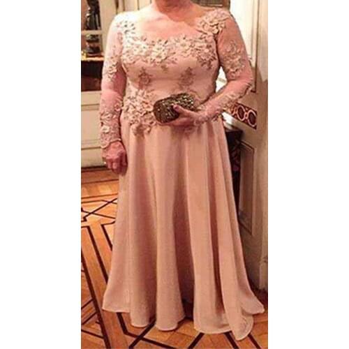 Plus size long-sleeved chiffon champagne long bride mother dress A line lace beaded wedding reception guest reception dress