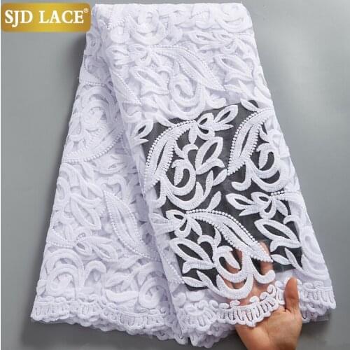 SJD LACE Pure White French Lace Fabric Embroidery Sequins Nigerian African Lace Fabric Latest Tulle For Wedding Materials A2555