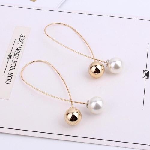 Temperament Double-sided Long Earrings Womens Cute Metal Minimalist Handmade Pearl Earrings