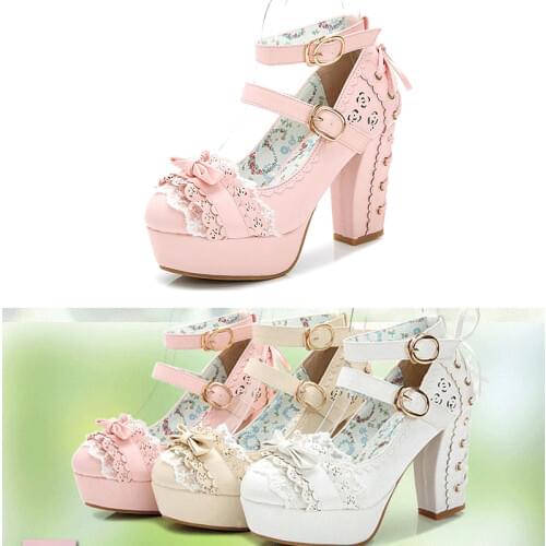 Lolita shoes tea party shoes sweet Japanese high-heeled platform lace bow Bowknot Princess Kawaii Girl Women Shoes Vintage Sweet