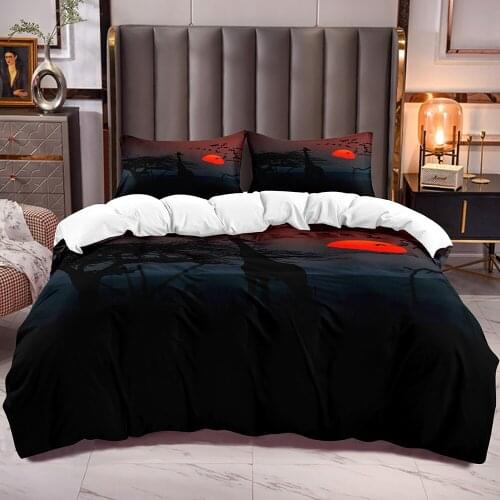Comfort Cover Sets with Grassland Animal Giraffe Birds Print Bedding Duvet Cover with 3D Sunset View White Reverse