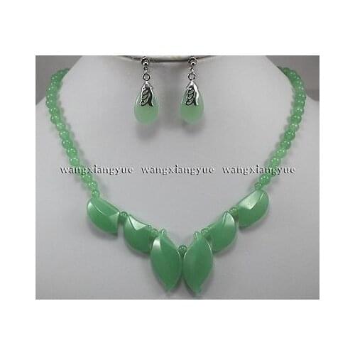 Green Round Beads leaves Pendants Necklace earrings set AAA >* - watch wholesale Quartz stone CZ crystal