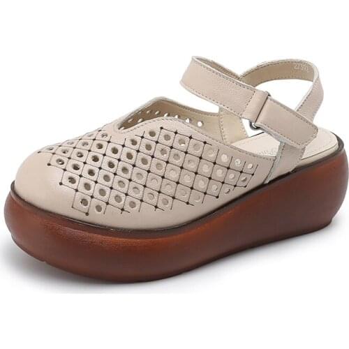 2020 New Summer Cowhide Hollow Out Sandals Womens Round Head Wedges Heel Casual Genuine Leather Sandals