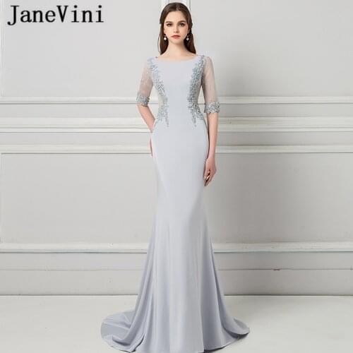 JaneVini Elegant Light Gray Mermaid Evening Dresses Scoop Neck Appliques Beaded Meerjungfrau Kleid Satin Dress Robes De Soiree