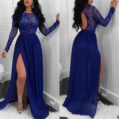 Royal Blue Long Sleeve Prom Dresses 2021 vestidos de gala Side Split Evening Gowns Sheer Chiffon Formal Women Party Dress