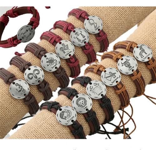 12pcs/lot Fashion 12 Zodiac Signs Leather Bracelet Constellations Charm Bracelets Adjustable Bracelet Bangle Cuff Jewelry
