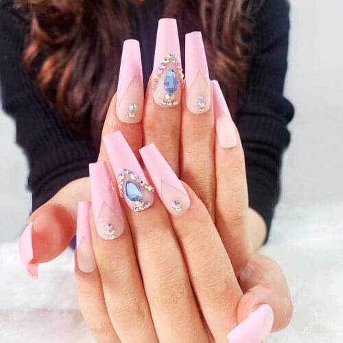 24PCS 3D Bling Extra Long Coffin Press on Nails with Designs Pink Acrylic Nails Press on Stick on Nails for Women