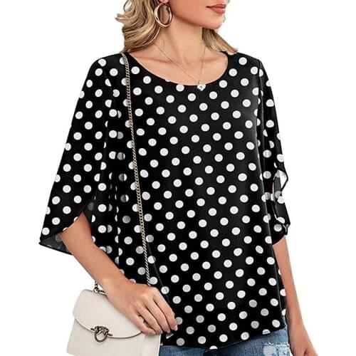 40# Polka Dot Chiffon Blouse Women Printed Vintage Tops O-neck Loose Casual Shirt O Neck Commuting Style Blouse Блузка Женская