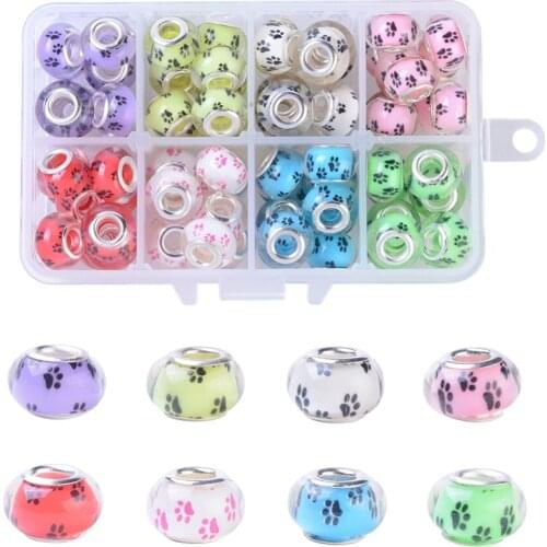 80pcs/box Mix 8 colors Large Hole Dog Paw Pattern Acrylic European Beads 14mm for jewelry making DIY Bracelet Necklace Decor