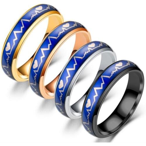 Beautiful Mood Ring Changing Seven-Color Heartbeat Ring ECG Ring Colorful Discoloration Couple Ring Elegant Lovers Wedding Ring